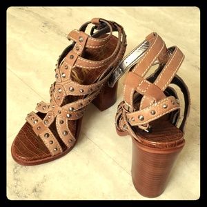 Brown studded heel sandals